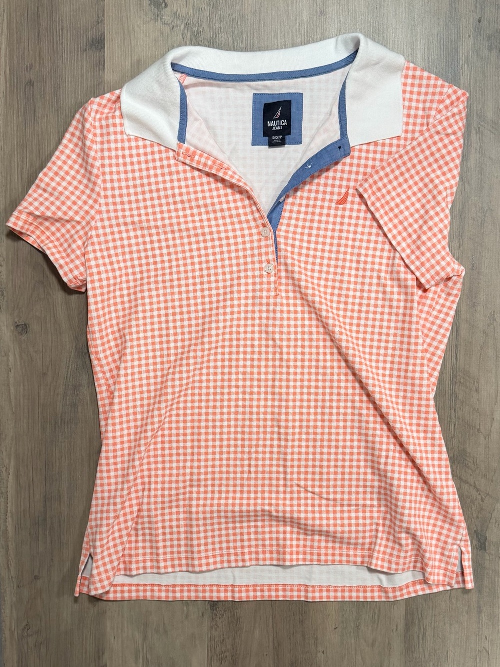 Nautica Coral and White Gingham Short-Sleeve Polo